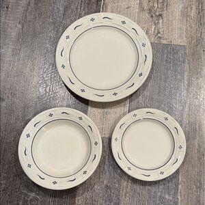 Longaberger Cream and Blue Dinnerware Plate, bread/desert plate and bowl Set- 3